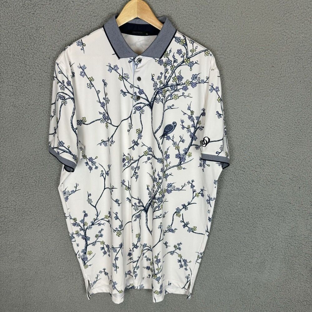 Greyson Shirt Mens XL White Polo Golf Floral Print Short Sleeve Performance Golf